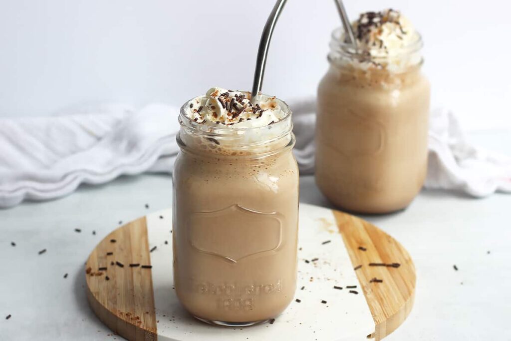 chocolate coffee milkshake in a mason jar